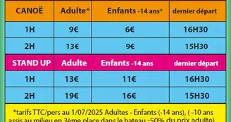 Tarifs canoë 2025 Tarifs canoë 2025
